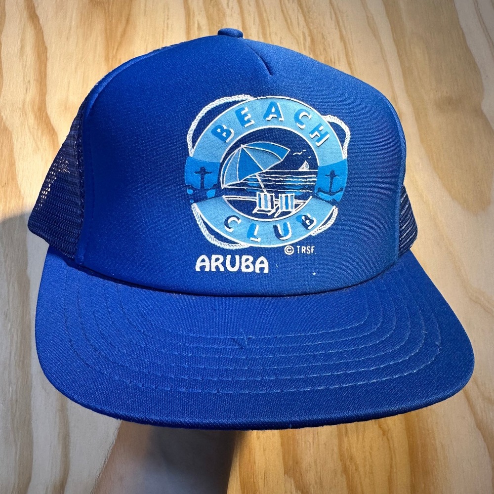 Vintage Designer Award Beach Club Aruba Trucker Hat Blue Mesh Snapback Cap
